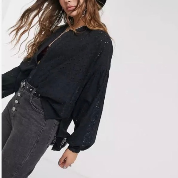 Free People Tops - FREE PEOPLE Maddison eyelet button down in black